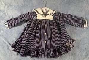 Vintage 1970s Bryan Girls Sailor Dress Size 4 Navy Pinstripe Ruffle Hem